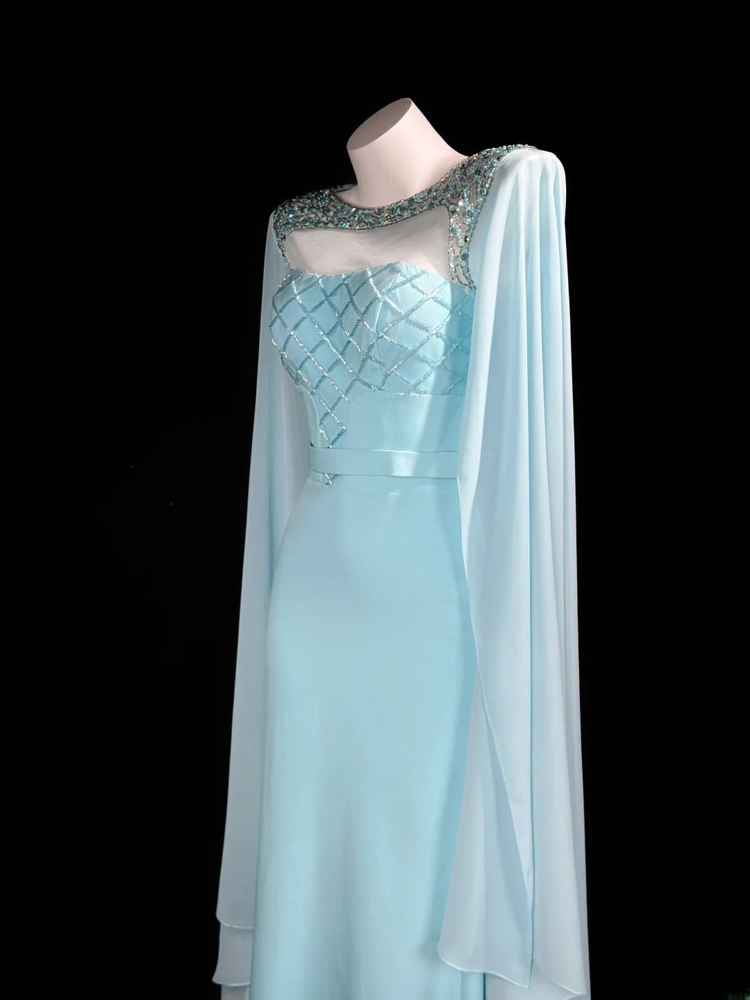 Vintage 90s Prom Dresses Mermaid Scoop Light Blue Chiffon With Long Sleeves Evening Dress Formal Outfits RB5869