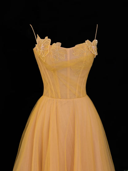 Simple Formal A Line Spaghetti Strap Yellow Tulle Style Impress Long Prom Dresses Party Gowns SA063
