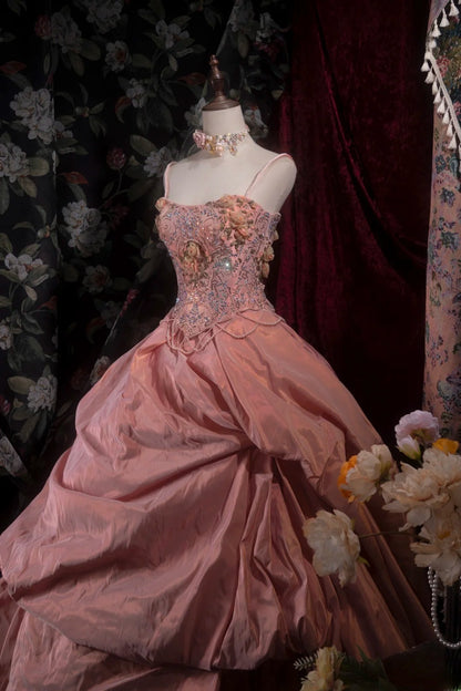 Elegant Ball Gown Spaghetti Straps Coral Pink Taffeta With Flowers Long Quince Dress Quinceanera Dresses Formal Birthday Outfits RB8085