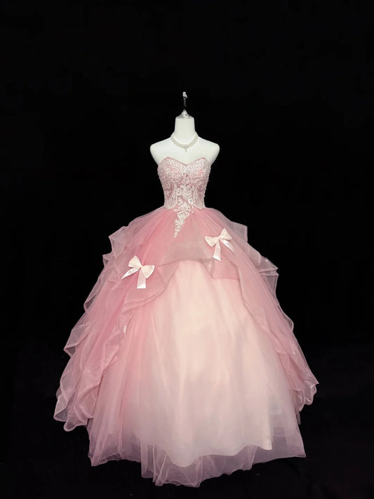 Süßes Ballkleid mit herzförmigem Ausschnitt, rosa Tüll mit Spitze, voluminöses Quinceañera-Kleid, Sweet-16-Outfit, Vestido de 15, RB7435