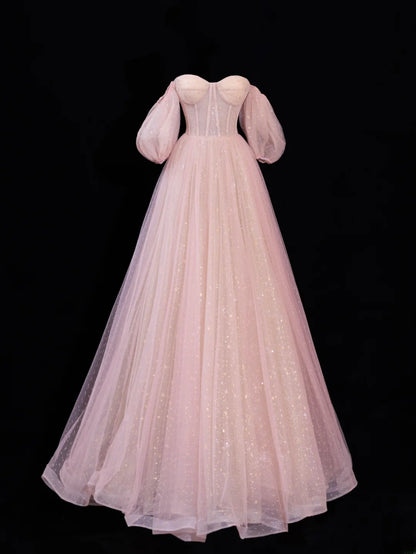 Modest Prom Dress Aesthetic Ball Gowns Off The Shoulder Pink Tulle Style Impress With Sleeves Long Party Formal Gown SA064