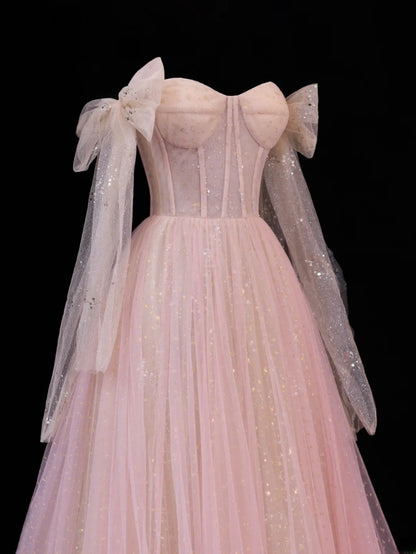 Modest Prom Dress Aesthetic Ball Gowns Off The Shoulder Pink Tulle Style Impress With Sleeves Long Party Formal Gown SA064