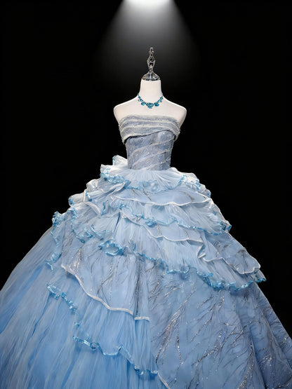 Pretty Quinceanera Dress Ball Gown Strapless Blue Tulle With Tiered Layers 16th Birthday Party Outfit RC1093