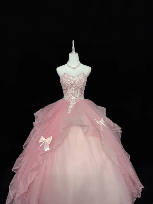 Süßes Ballkleid mit herzförmigem Ausschnitt, rosa Tüll mit Spitze, voluminöses Quinceañera-Kleid, Sweet-16-Outfit, Vestido de 15, RB7435