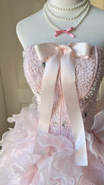 Dream Sweet 16 Dresses Long Strapless Pink With Beading Tiered Ball Gown Sweet Sixteen Party Birthday Gown RC0435