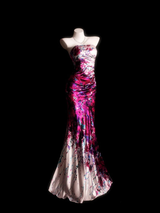 Blumen-Abschlussballkleid Inspo Meerjungfrau trägerlos Satin dezent langes formelles Partykleid RB9865