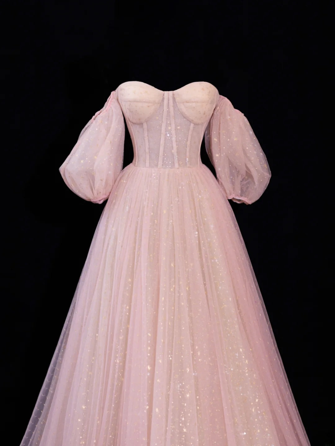 Modest Prom Dress Aesthetic Ball Gowns Off The Shoulder Pink Tulle Style Impress With Sleeves Long Party Formal Gown SA064