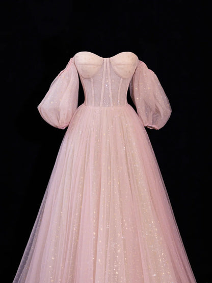 Modest Prom Dress Aesthetic Ball Gowns Off The Shoulder Pink Tulle Style Impress With Sleeves Long Party Formal Gown SA064
