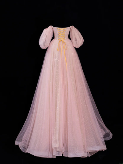 Modest Prom Dress Aesthetic Ball Gowns Off The Shoulder Pink Tulle Style Impress With Sleeves Long Party Formal Gown SA064