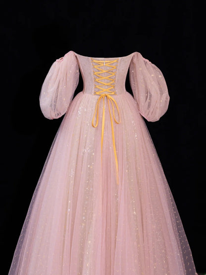 Modest Prom Dress Aesthetic Ball Gowns Off The Shoulder Pink Tulle Style Impress With Sleeves Long Party Formal Gown SA064