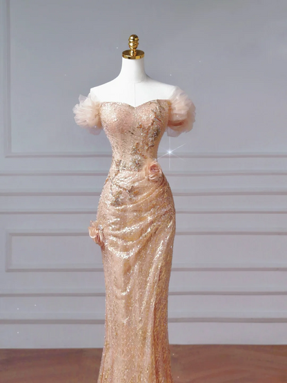 Robe de bal longue rose poudré à paillettes, épaules dénudées et manches courtes, style sirène, AQ065