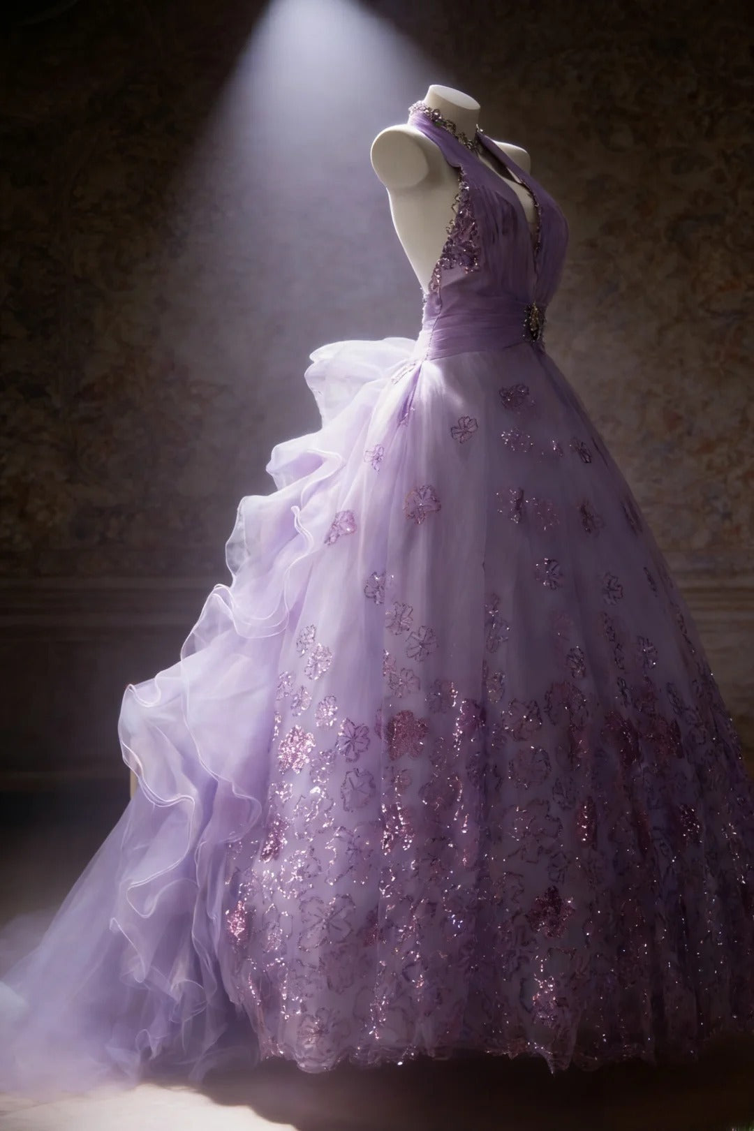 Robe de bal lilas sans manches à col halter et corsage orné de perles, longue robe en tulle pour quinceañera, tenue pour 15 ou 16 ans (AS065)