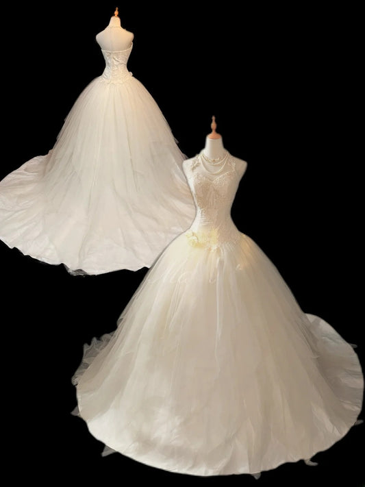 Princess Style Ball Gown Halter Tulle White With Lace Brides Gown Bridal Dress Long Wedding Dresses RB5778