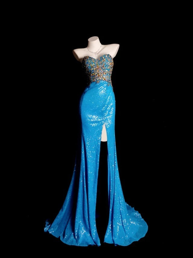 Sequin Prom Dress Inspo Mermaid Sweetheart Slit With Beading Modest Long Formal Party Gown RB9866