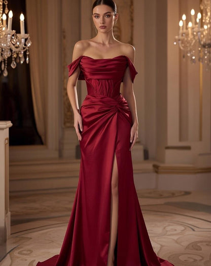 Prom Dress Mermaid Off The Shoulder Burgundy Satin Ruffled Slit Floor Length High School Graduation Party Dresses RC1094