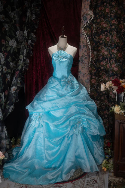 Elegant Ball Gown Strapless Blue Organza With Ruffled Long Quince Dress Quinceanera Dresses Formal Birthday Outfits RB8087