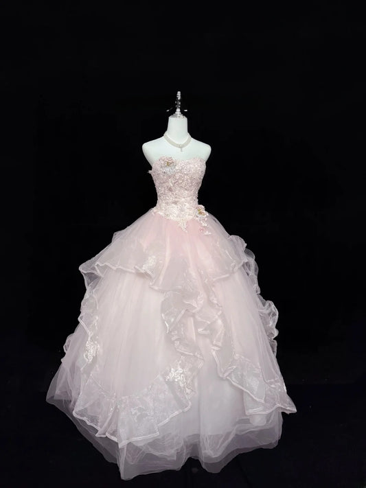 Süßes Ballkleid mit Herzausschnitt aus hellrosa Tüll mit Spitze, Quinceañera-Kleid, voluminöses Sweet-16-Outfit, Vestido de 15, RB7436