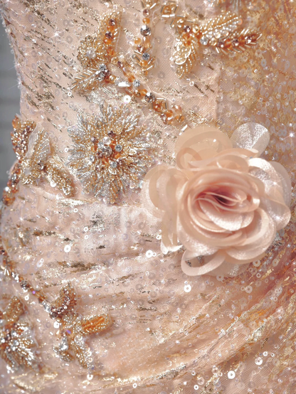 Robe de bal longue rose poudré à paillettes, épaules dénudées et manches courtes, style sirène, AQ065