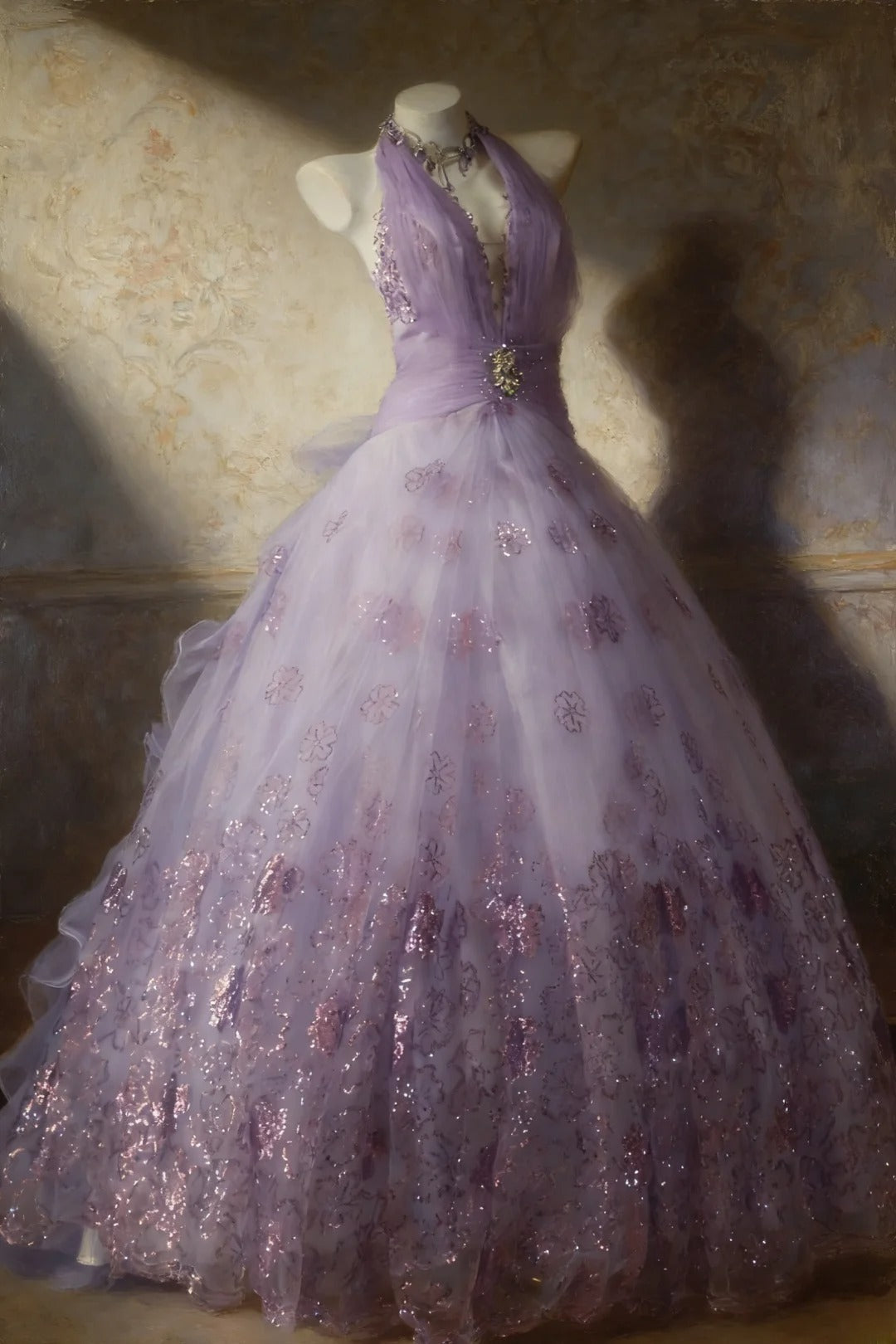 Robe de bal lilas sans manches à col halter et corsage orné de perles, longue robe en tulle pour quinceañera, tenue pour 15 ou 16 ans (AS065)