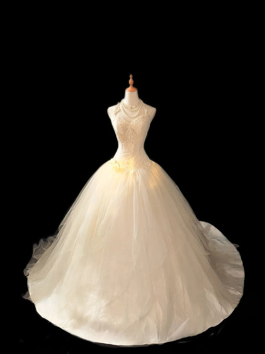 Princess Style Ball Gown Halter Tulle White With Lace Brides Gown Bridal Dress Long Wedding Dresses RB5778
