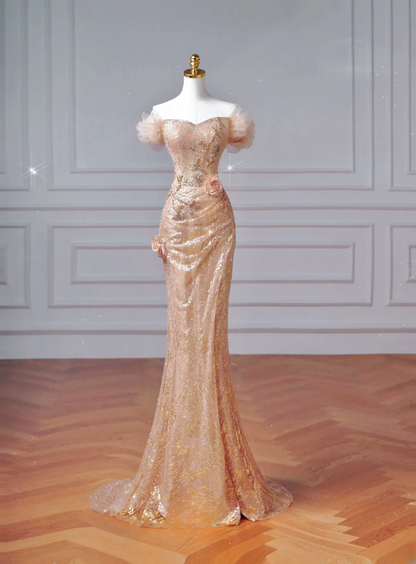 Robe de bal longue rose poudré à paillettes, épaules dénudées et manches courtes, style sirène, AQ065