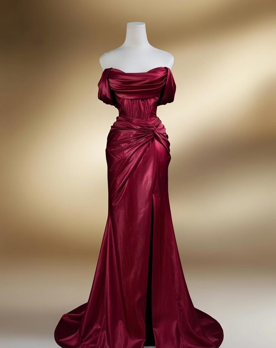 Prom Dress Mermaid Off The Shoulder Burgundy Satin Ruffled Slit Floor Length High School Graduation Party Dresses RC1094