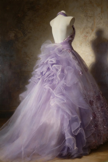 Robe de bal lilas sans manches à col halter et corsage orné de perles, longue robe en tulle pour quinceañera, tenue pour 15 ou 16 ans (AS065)