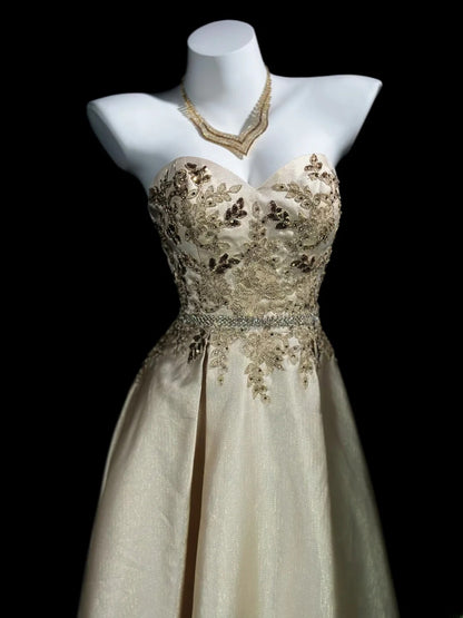 Vintage 80s Prom Dresses A line Sweetheart Gold Satin With Lace Long Evening Dress Formal Outfits RB5871