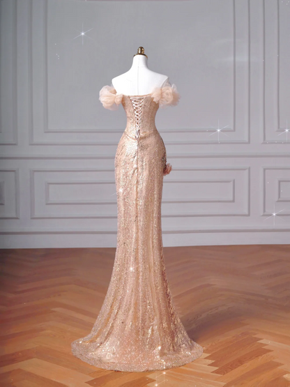 Robe de bal longue rose poudré à paillettes, épaules dénudées et manches courtes, style sirène, AQ065
