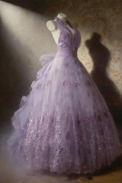 Robe de bal lilas sans manches à col halter et corsage orné de perles, longue robe en tulle pour quinceañera, tenue pour 15 ou 16 ans (AS065)