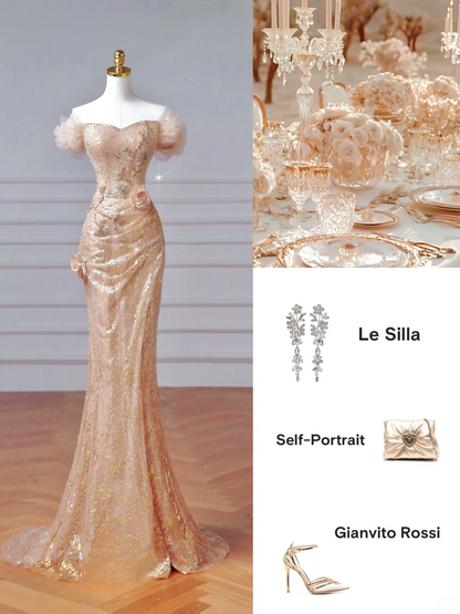 Robe de bal longue rose poudré à paillettes, épaules dénudées et manches courtes, style sirène, AQ065