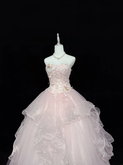 Sweet Ball Gown Sweetheart Light Pink Tulle With Lace Quince Dress Voluminous Sweet 16 Sweet Sixteen Outfits Vestido de 15 RB7436