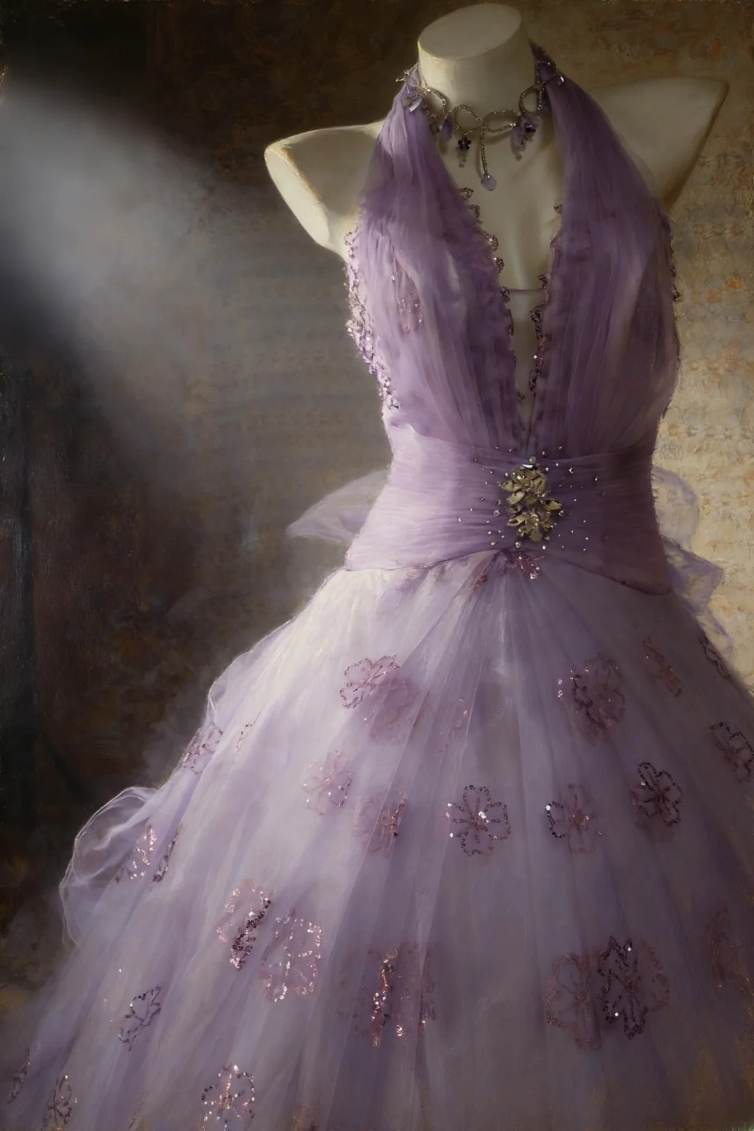 Robe de bal lilas sans manches à col halter et corsage orné de perles, longue robe en tulle pour quinceañera, tenue pour 15 ou 16 ans (AS065)