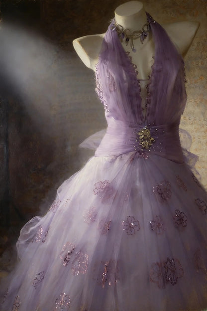 Robe de bal lilas sans manches à col halter et corsage orné de perles, longue robe en tulle pour quinceañera, tenue pour 15 ou 16 ans (AS065)
