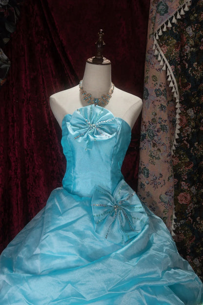 Elegant Ball Gown Strapless Blue Organza With Ruffled Long Quince Dress Quinceanera Dresses Formal Birthday Outfits RB8087