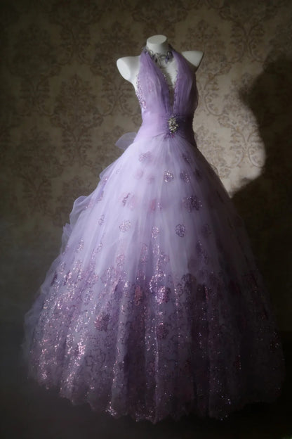 Robe de bal lilas sans manches à col halter et corsage orné de perles, longue robe en tulle pour quinceañera, tenue pour 15 ou 16 ans (AS065)
