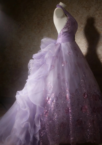 Robe de bal lilas sans manches à col halter et corsage orné de perles, longue robe en tulle pour quinceañera, tenue pour 15 ou 16 ans (AS065)
