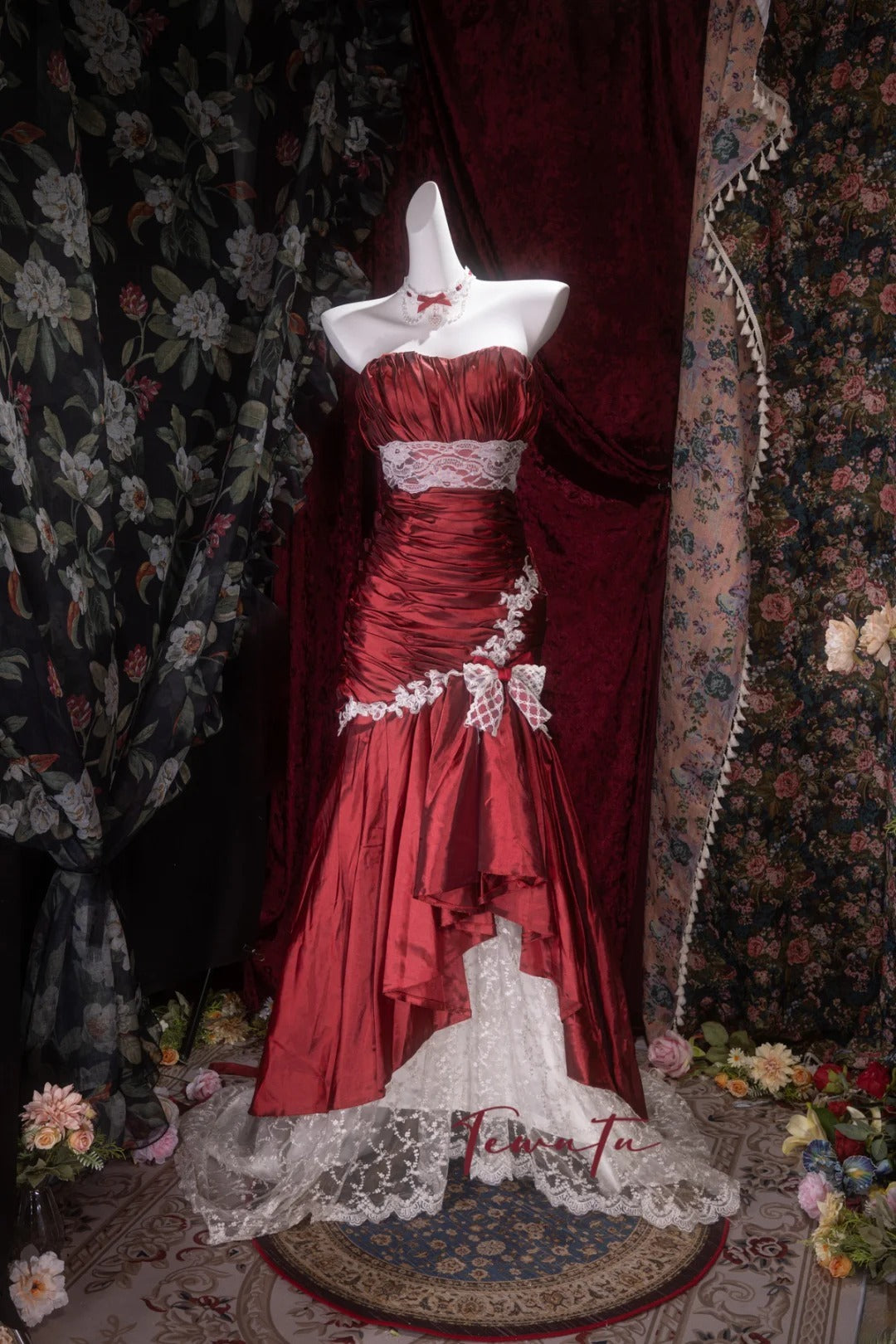 Elegant Mermaid Sweetheart Burgundy Taffeta With Lace Long Prom Dresses Formal Outfit Evening Night Dress RB8088