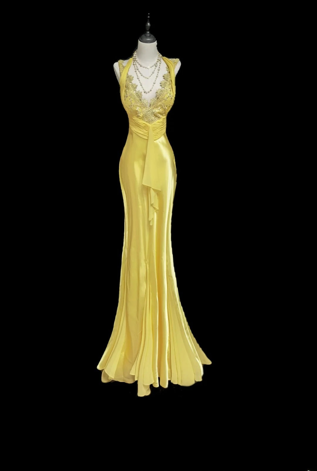 Robe de bal longue sirène classique jaune en dentelle dos nu à volants, col en V, pour les élèves de terminale (AS066)