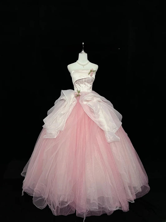 Wunderschönes trägerloses Ballkleid in Rosa aus Tüll mit Blumen, voluminöses Quinceañera-Kleid, Outfit für den 16. Geburtstag, Vestido de 15, RB7437