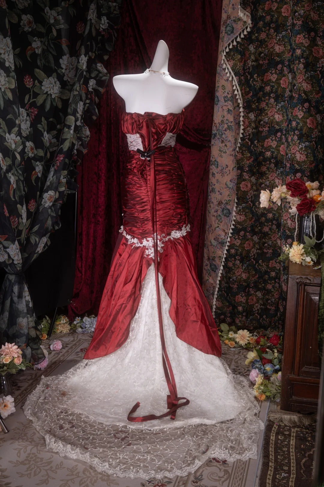 Elegant Mermaid Sweetheart Burgundy Taffeta With Lace Long Prom Dresses Formal Outfit Evening Night Dress RB8088