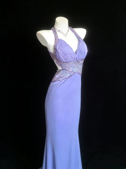 Robe de bal longue rétro années 1950, style sirène, dos nu, lilas, ornée de perles, AS066