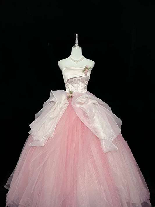 Wunderschönes trägerloses Ballkleid in Rosa aus Tüll mit Blumen, voluminöses Quinceañera-Kleid, Outfit für den 16. Geburtstag, Vestido de 15, RB7437