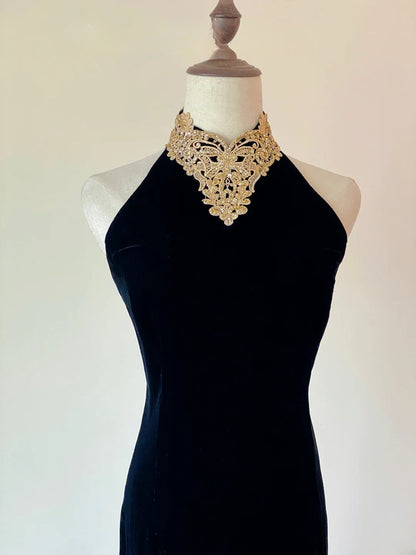 Mermaid Halter Black Prom Dress With Gold Lace Floor Length Formal Party Gown RB9047