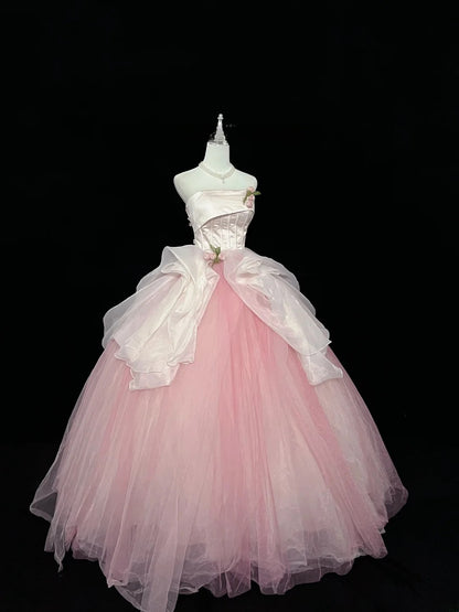 Pretty Ball Gown Strapless Pink Tulle With Flowers Quince Dress Voluminous Sweet 16 Sweet Sixteen Outfits Vestido de 15 RB7437