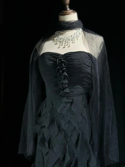 Vintage 80s Prom Dresses A line Sweetheart Black Chiffon With Ruffled Long Evening Dress Formal Outfits RB5872