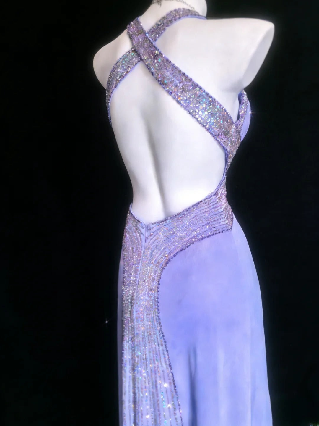 Robe de bal longue rétro années 1950, style sirène, dos nu, lilas, ornée de perles, AS066