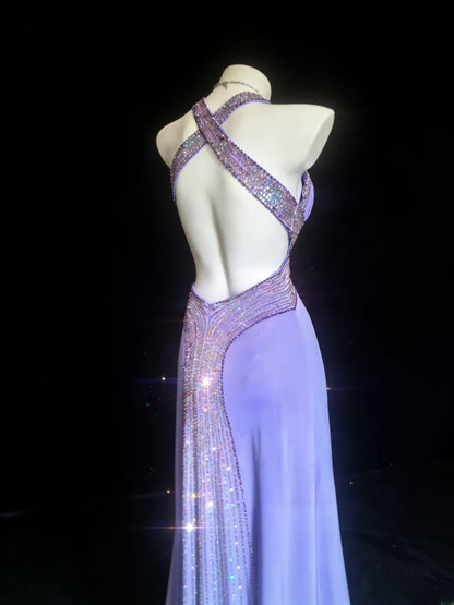 Robe de bal longue rétro années 1950, style sirène, dos nu, lilas, ornée de perles, AS066