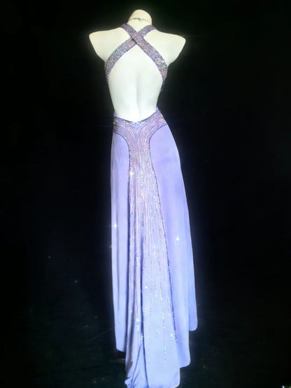 Robe de bal longue rétro années 1950, style sirène, dos nu, lilas, ornée de perles, AS066