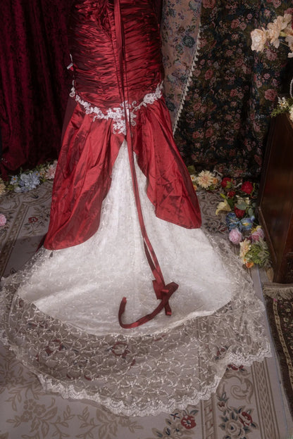 Elegant Mermaid Sweetheart Burgundy Taffeta With Lace Long Prom Dresses Formal Outfit Evening Night Dress RB8088